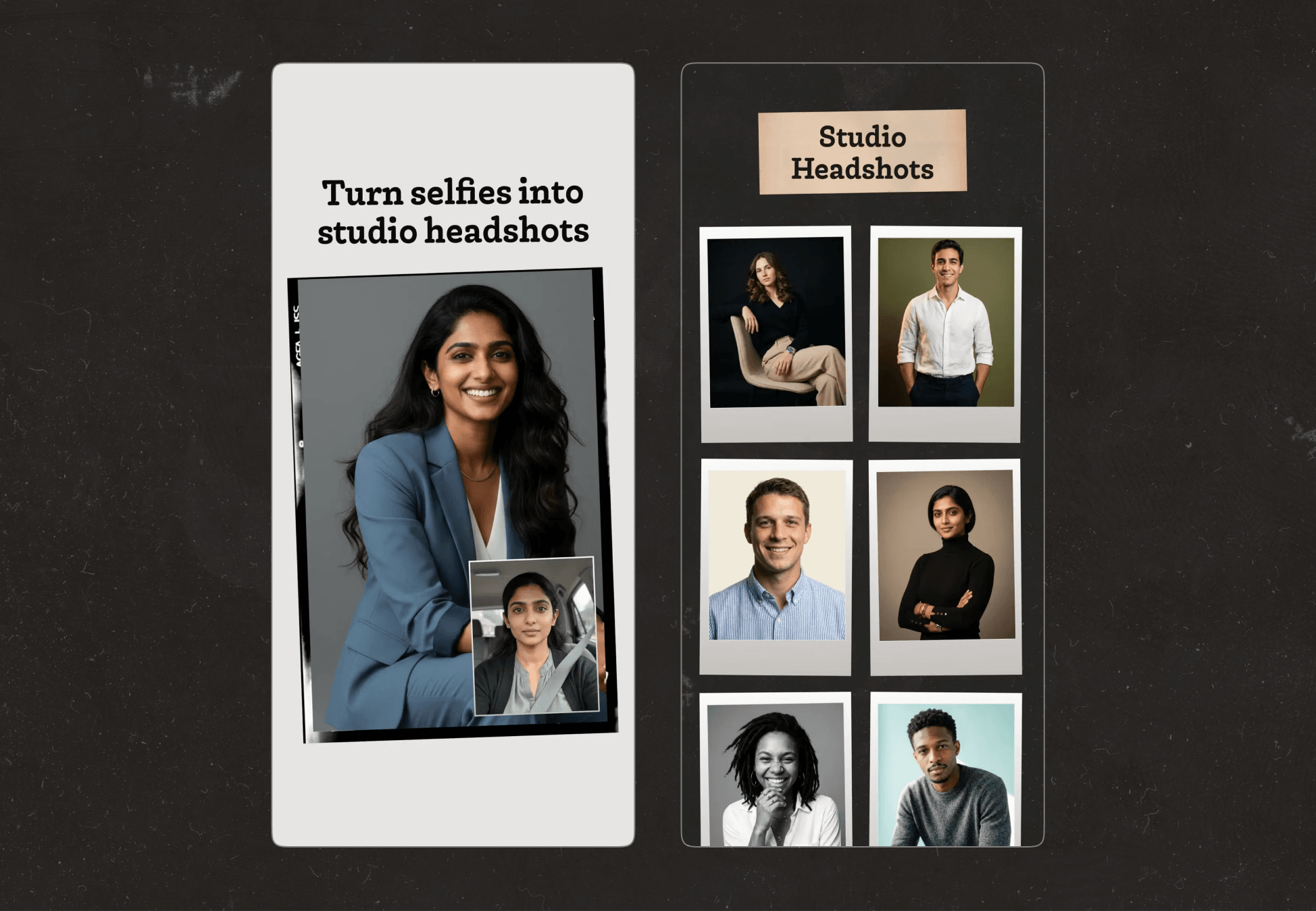 FaceJam selfie-to-headshot example and studio styles