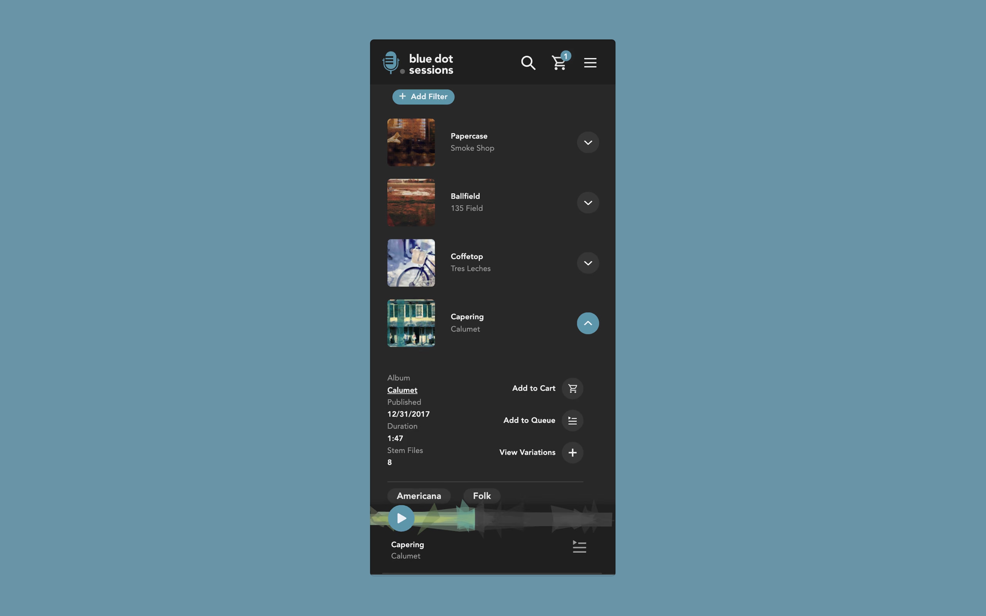 Blue Dot Sessions mobile track list with an expanded track detail and the player docked at the bottom