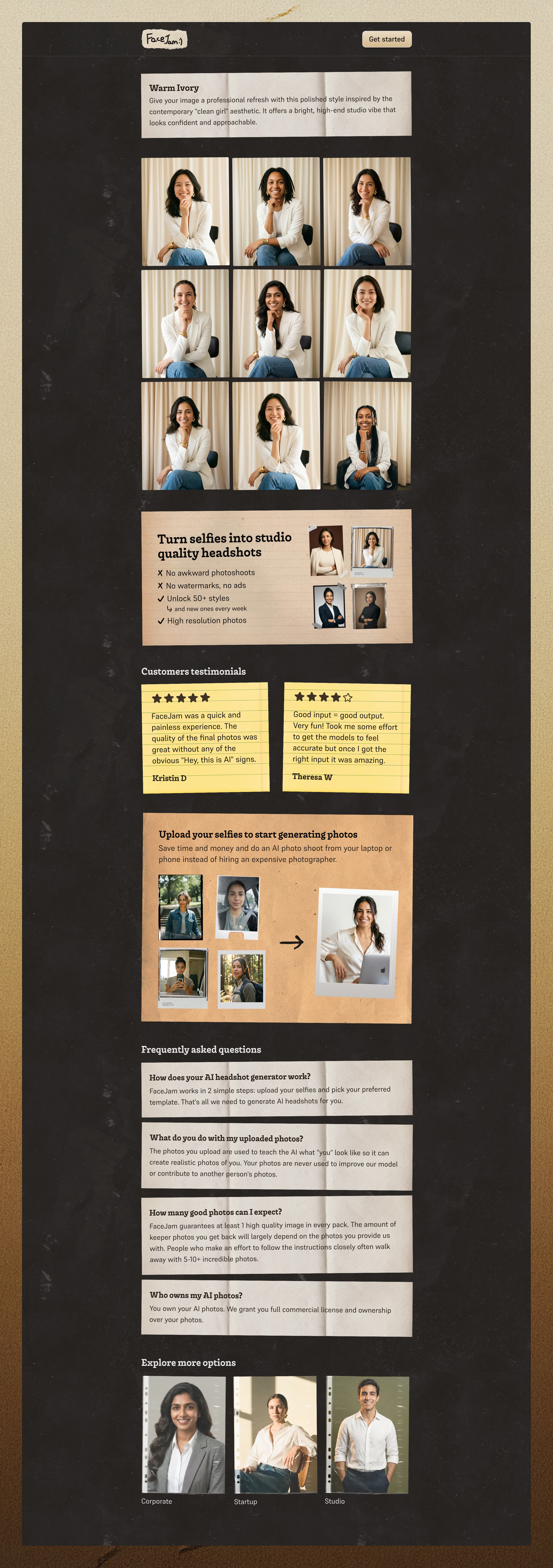 FaceJam website with generated headshot examples