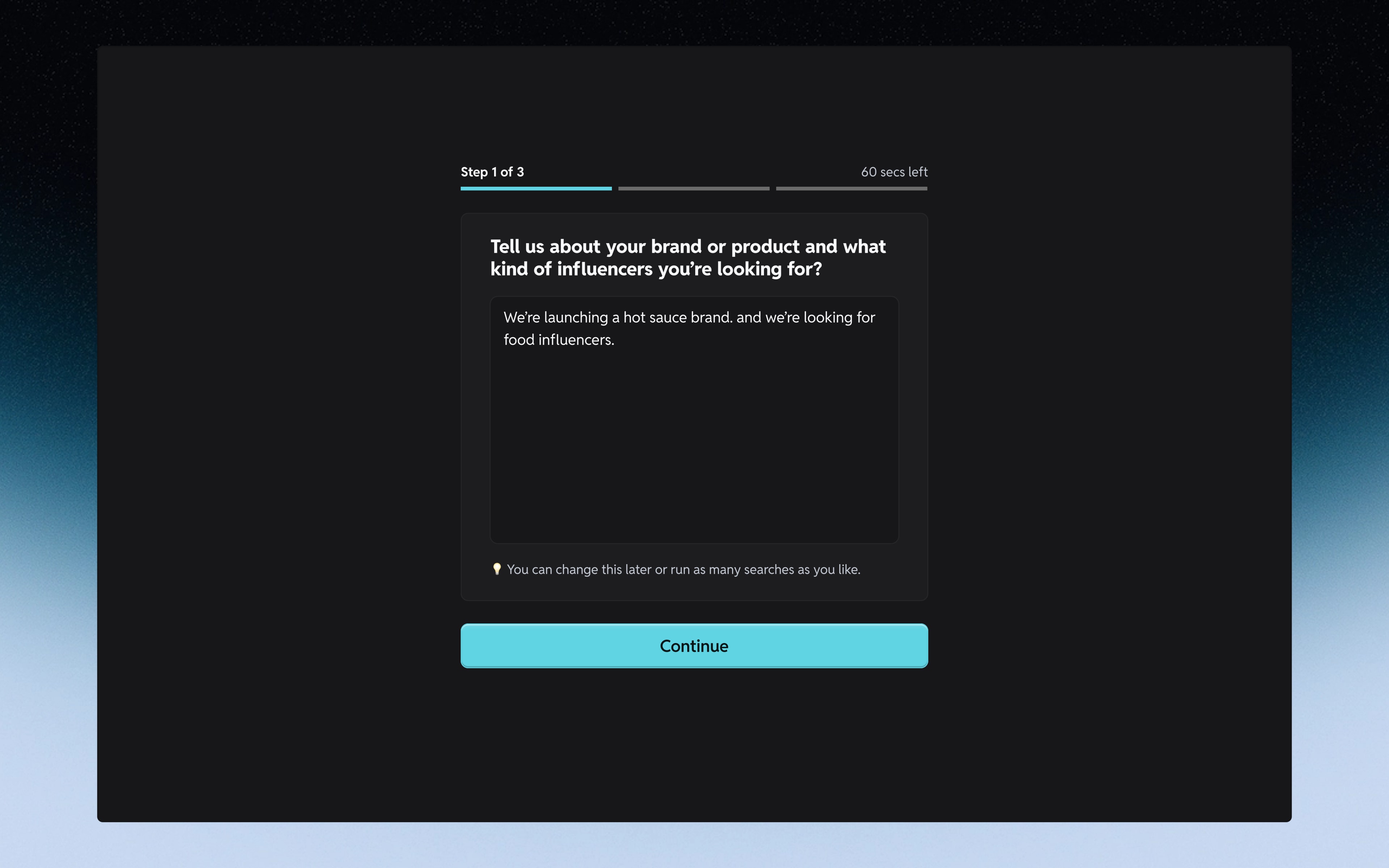 Early onboarding form asking for a brand or product description