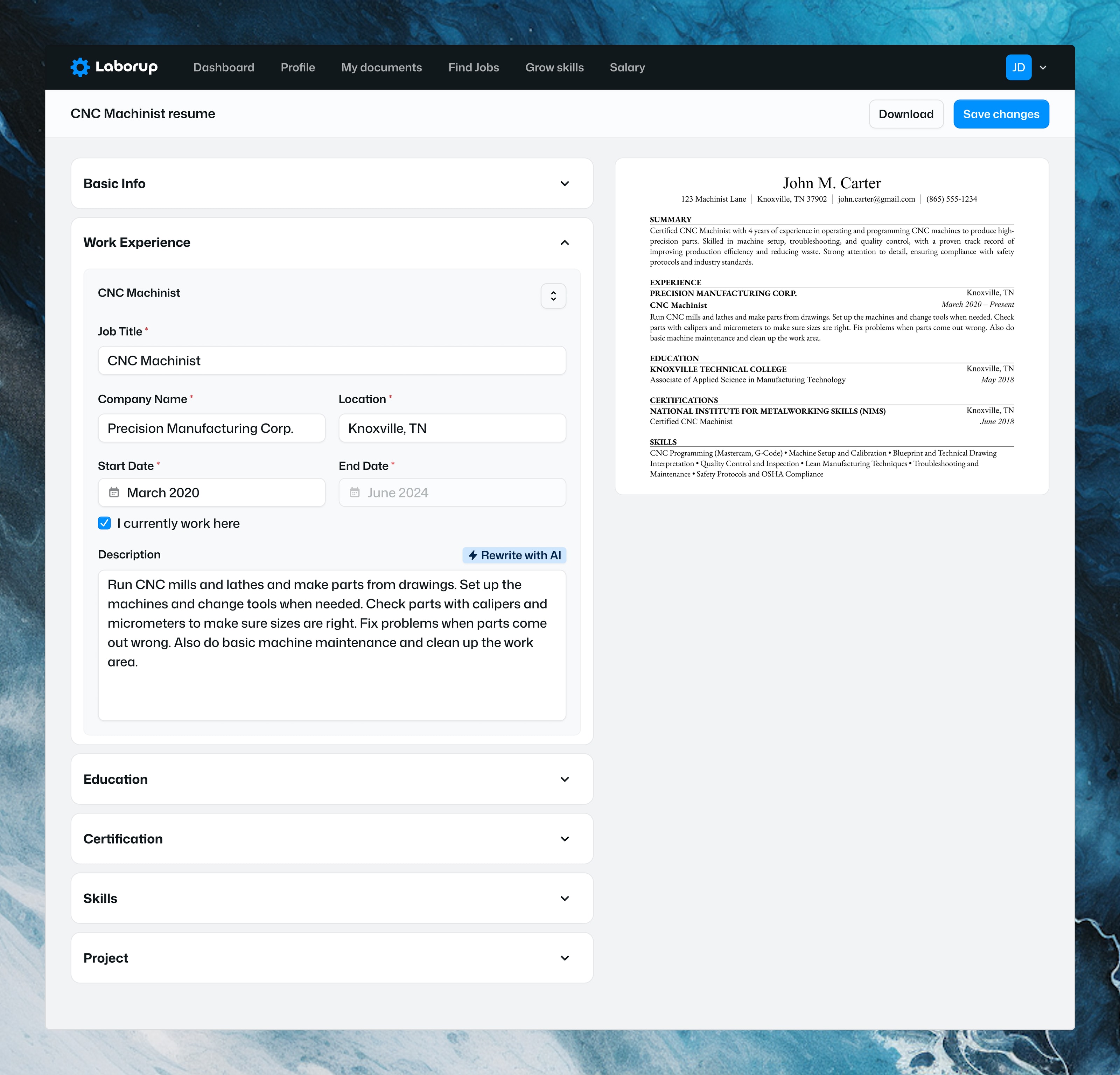 Laborup resume builder with work history fields and a resume preview
