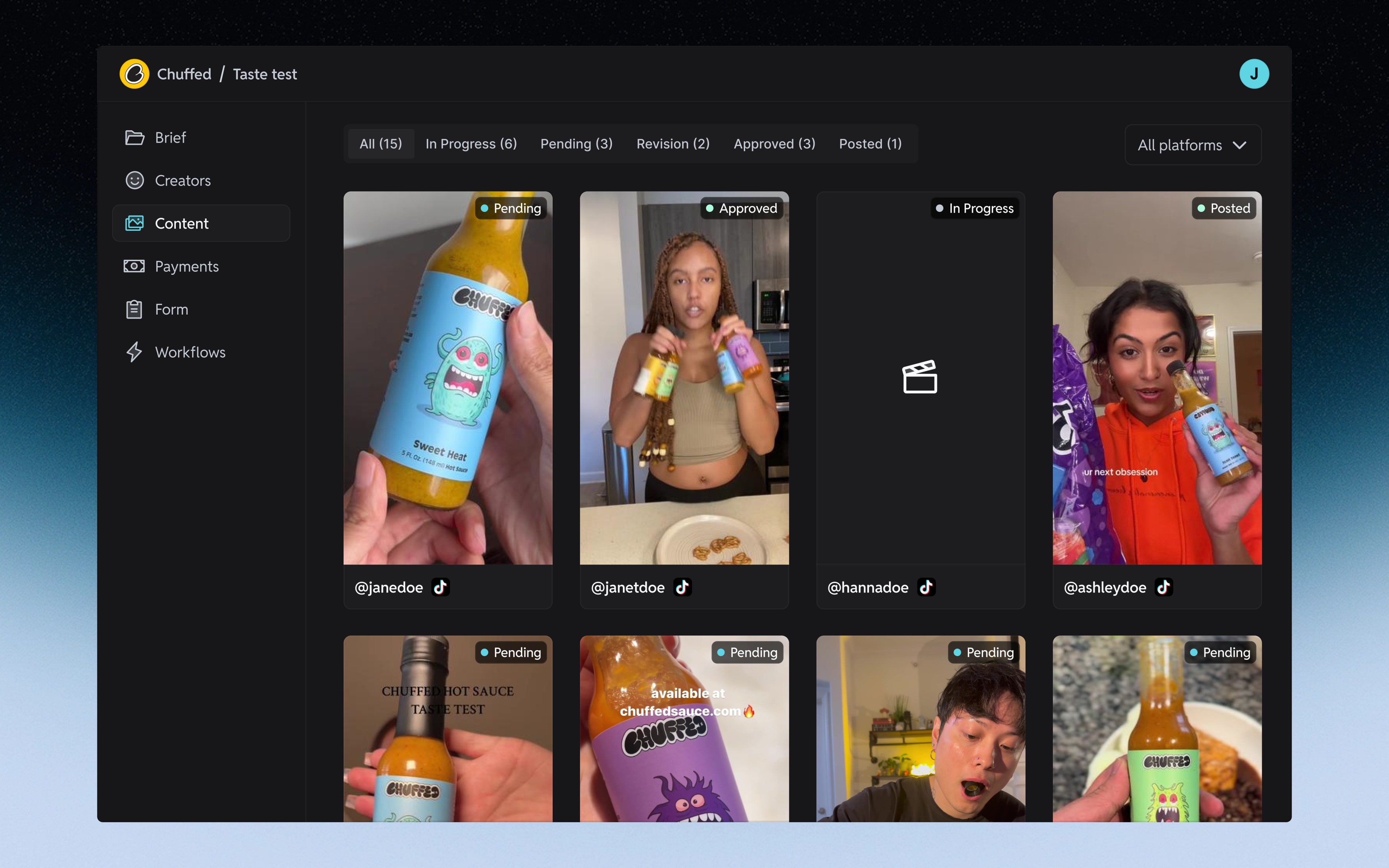 Early content library design showing creator submissions and their review status