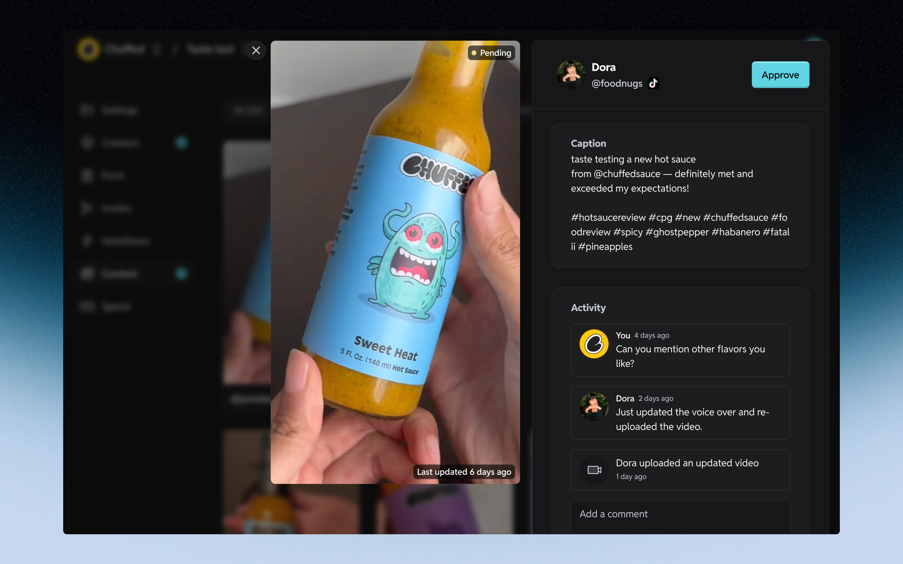 Early content review design with a creator video, caption, comments, and approval action