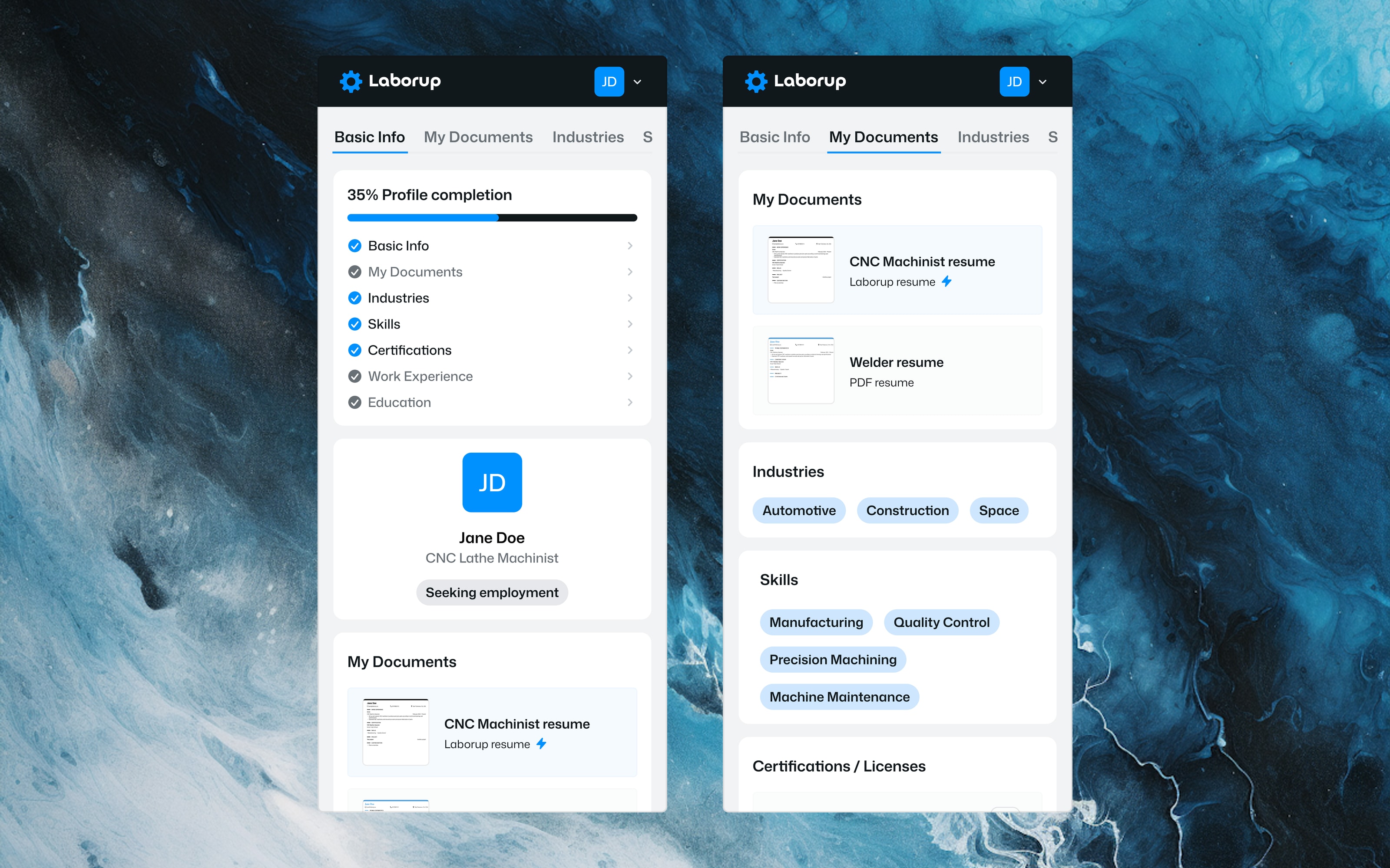Laborup mobile profile showing completion progress, documents, industries, and skills