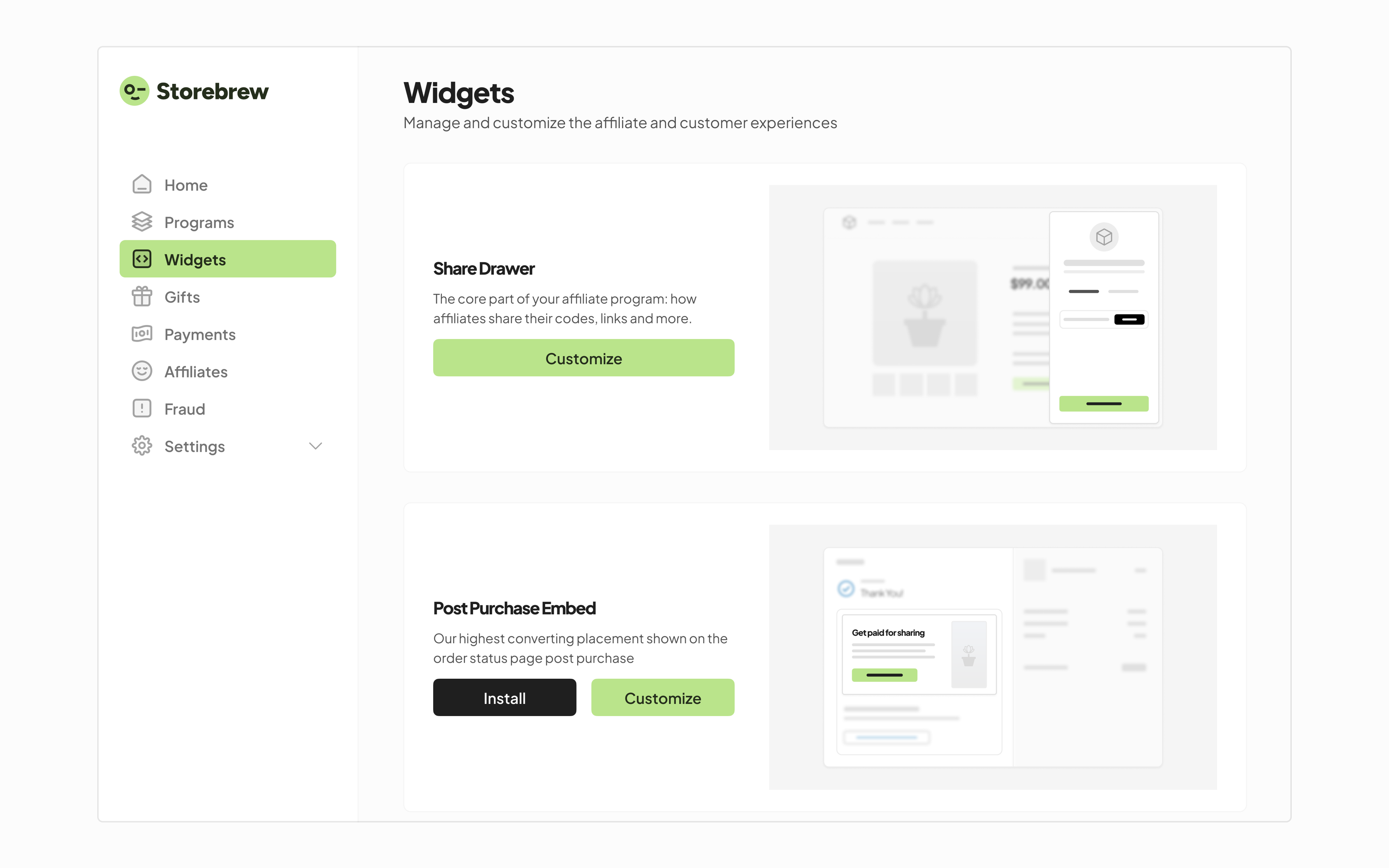 Storebrew settings for product sharing and referral offers after checkout